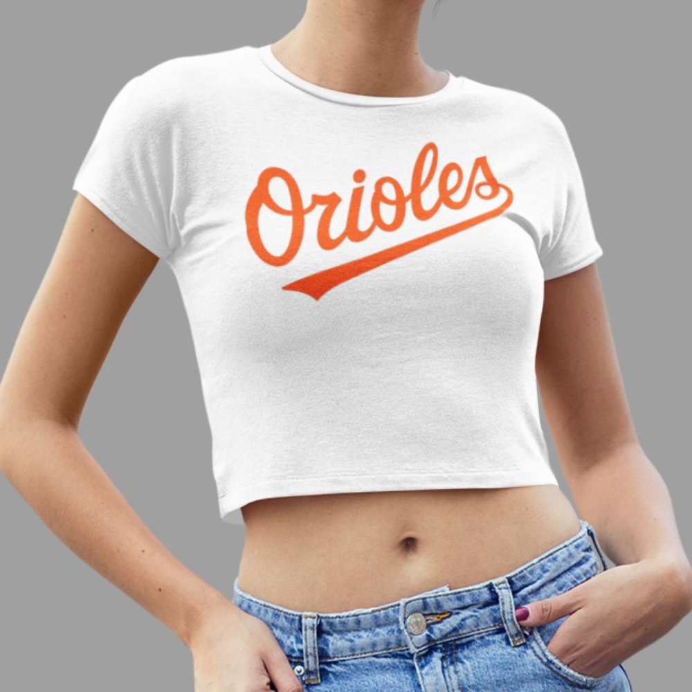NEW Baltimore Orioles Script Team Color Pop Form Fit Crop Top Shirt WHITE